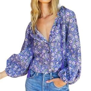 India Collection Emerson Fry Bardot Top in Iris Wildflower Blouse Shirt womens M